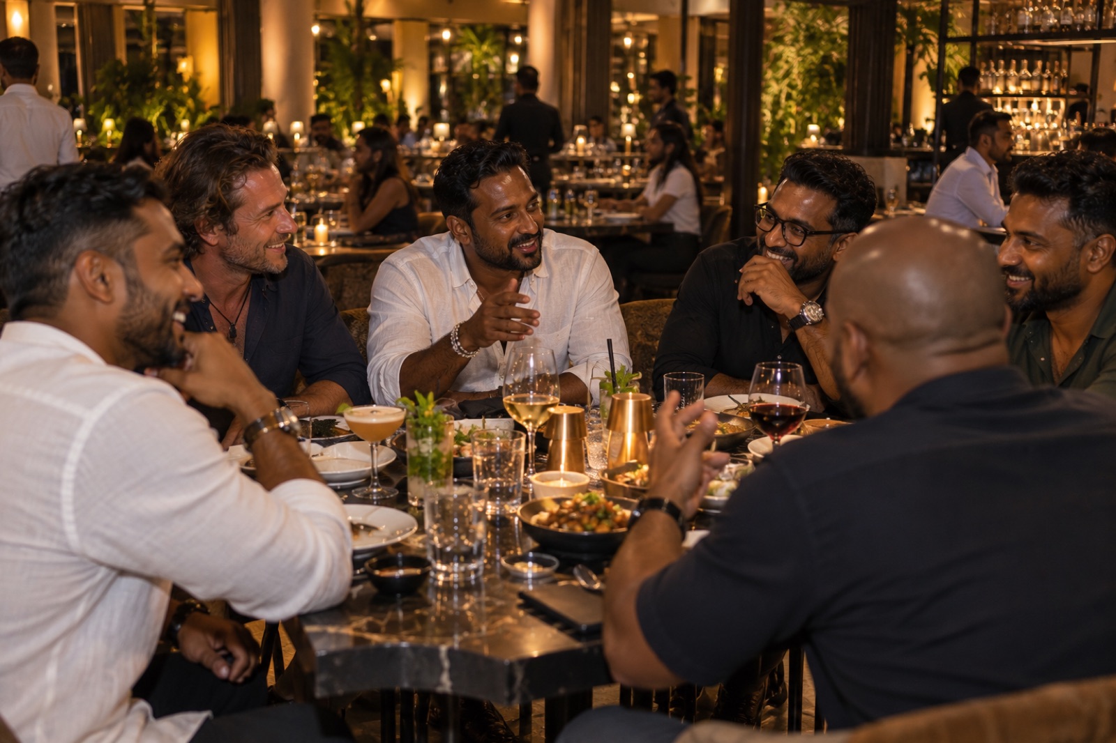 A group of men laughing and talking together over dinner at a busy restaurant in Sri Lanka