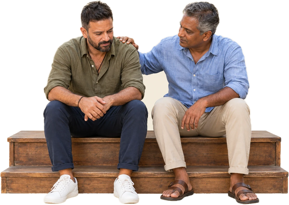 Two men sitting side by side on a wooden step: one looks down, quiet and guarded, while the other rests a hand on his shoulder and listens