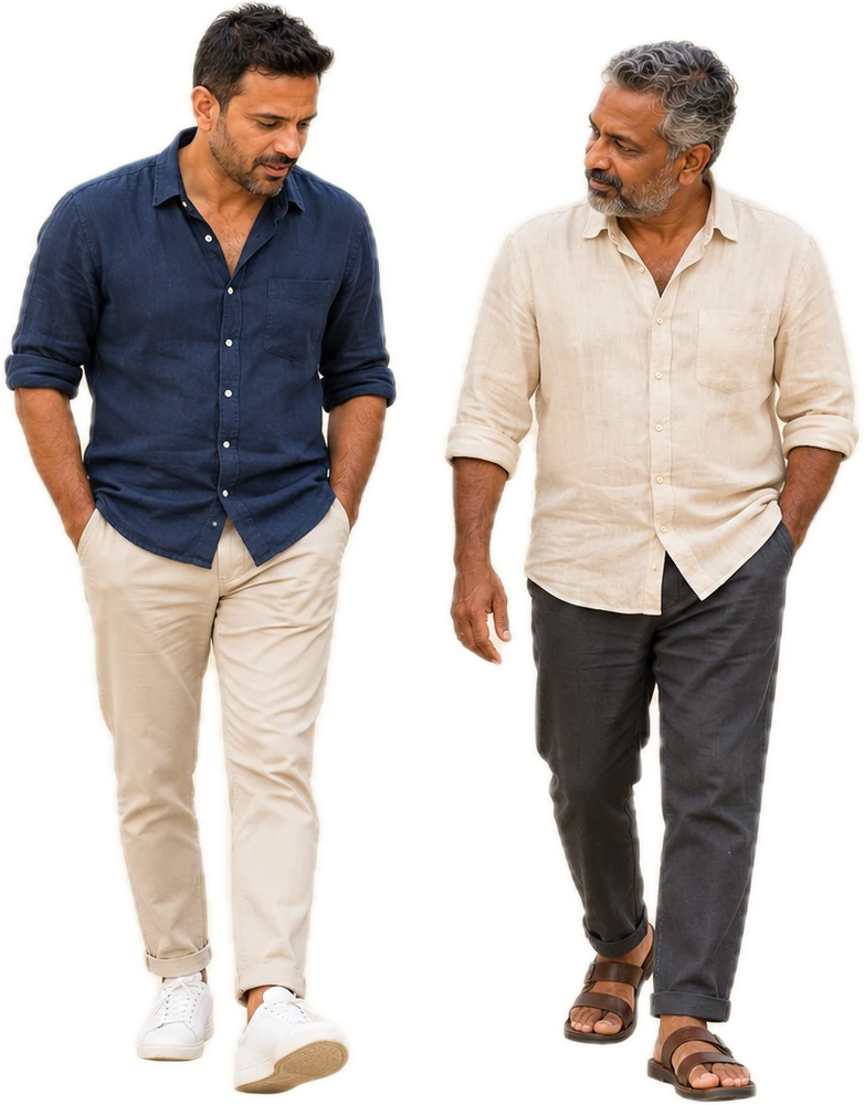 Two men walking side by side in quiet conversation, one speaking quietly while the other listens