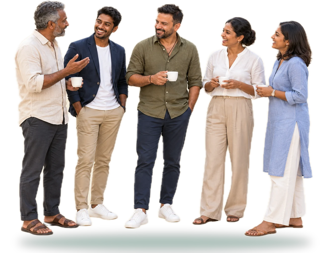 Five colleagues of different ages standing together over tea, laughing and talking easily