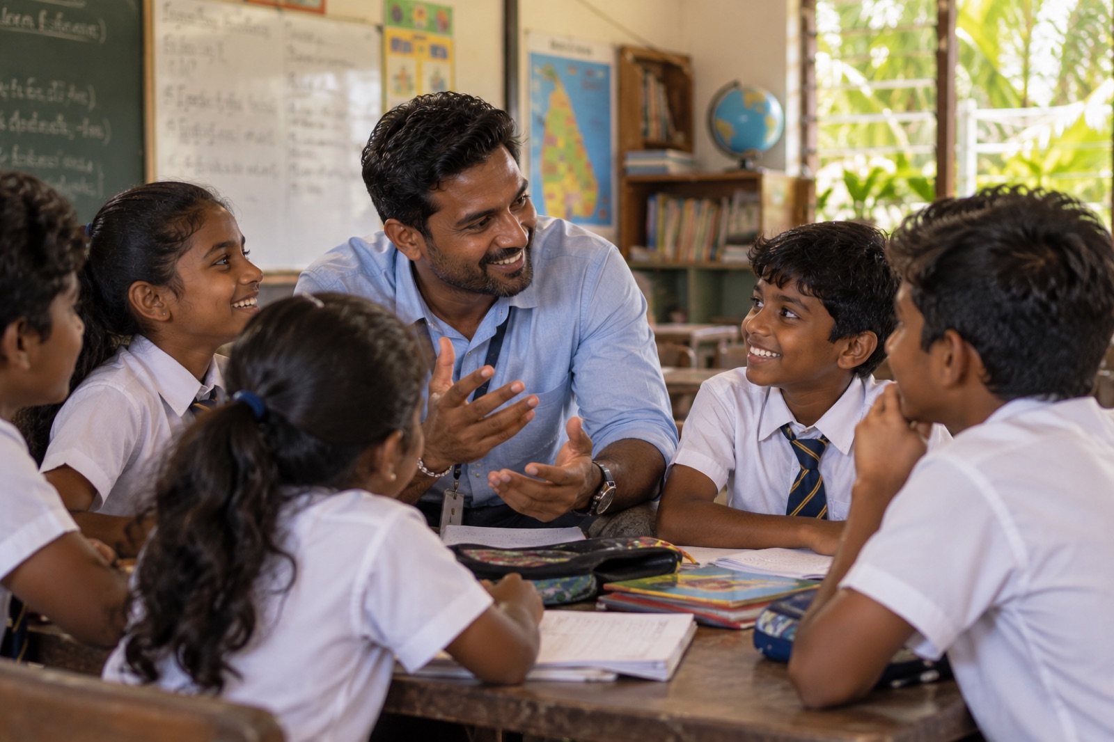 A teacher talking with a group of smiling schoolchildren around a desk in a Sri Lankan classroom
