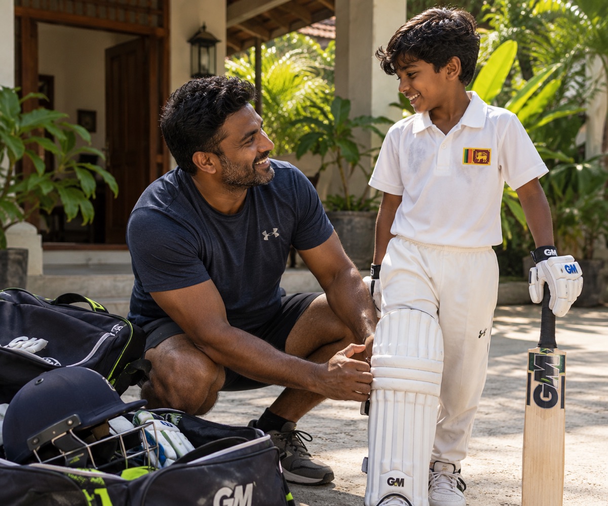 A father kneeling to fasten his young son’s cricket pads outside a home in Sri Lanka