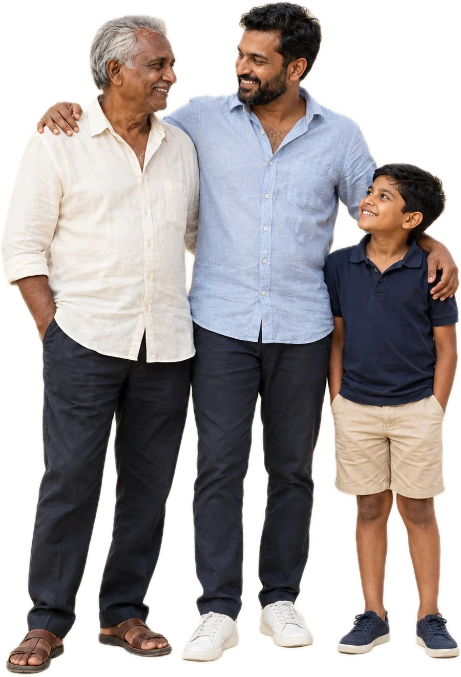 A grandfather, his son and his grandson standing together with their arms around each other, smiling